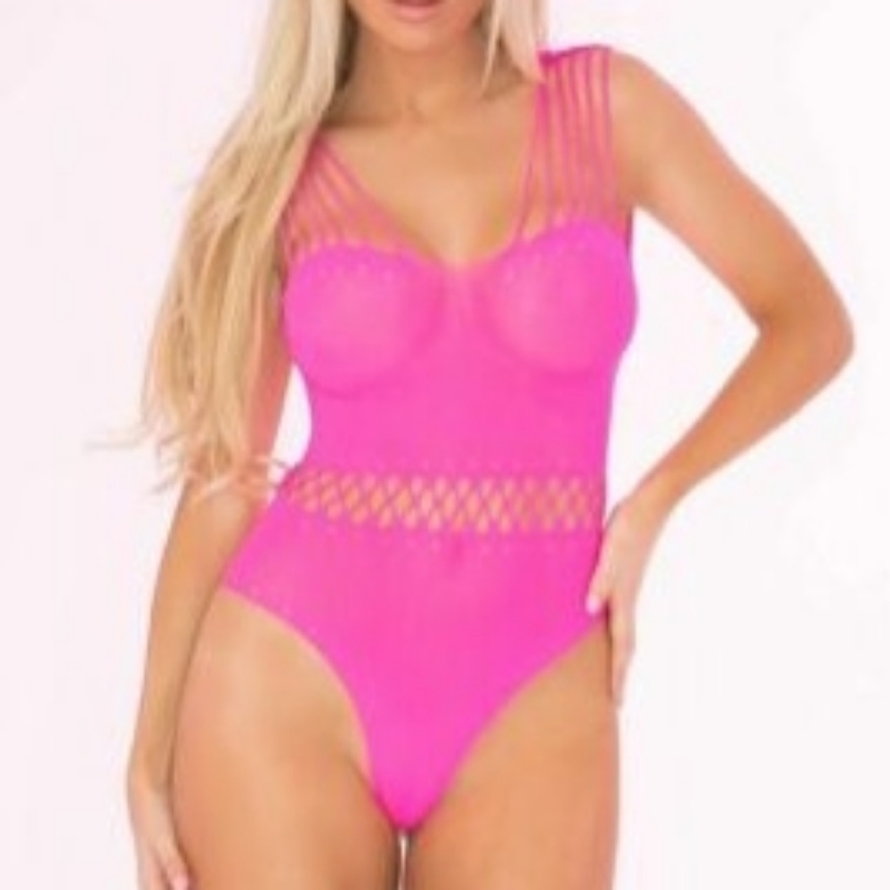 Pink Lipstick ~ Hot Pink Mesh Bodysuit ~ Lingerie Fishnet